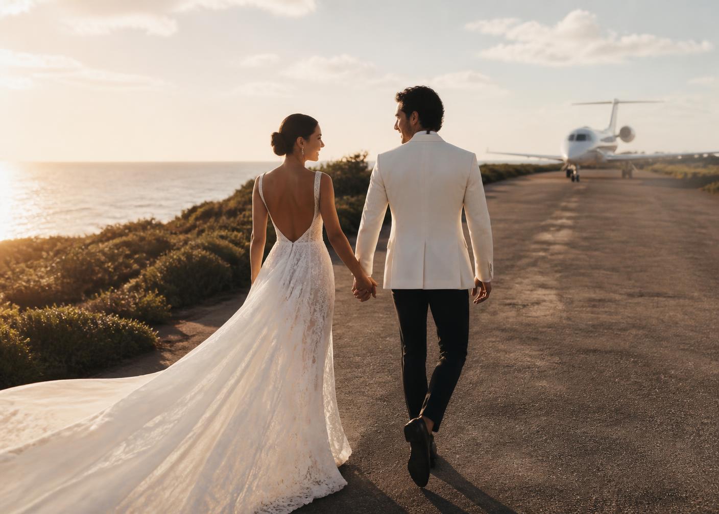 A couple walking toward a waiting private jet at golden hour